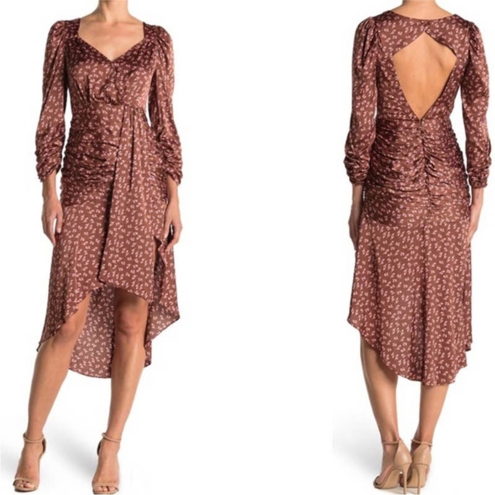 A1 #9 NWT LUSH Surplice Neck Gathered Front Open Back Midi Dress In Merigold